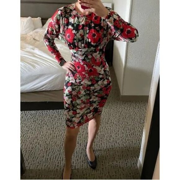 Alexia Admor Black Red Dolman Sleeve Floral Sheath Dress $225 - Picture 2 of 10